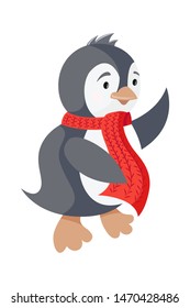 Cute penguin icon in side standing pose isolated on white background. Cold winter symbol flat design. Cartoon style waving antarctic bird, animal vector illustration