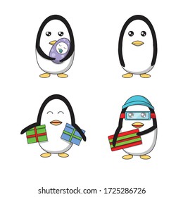 cute penguin idle, holding baby and holding gift isolated with white background
