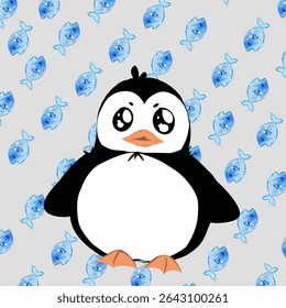 A cute penguin illustration with big sparkling eyes and an adorable expression, set against a pattern of blue cartoon fish.