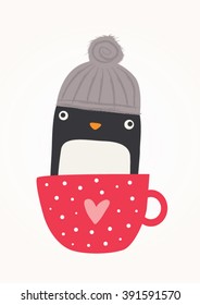 Cute penguin illustration in a cup