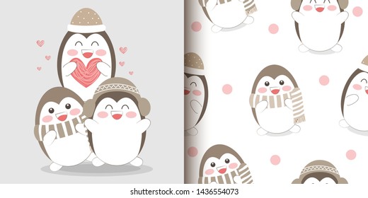 cute penguin illustration in seamless pattern for birthday party, wallpaper, background and many more