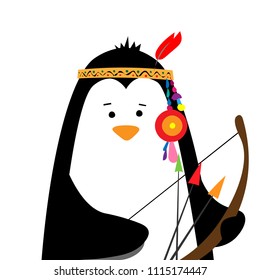 Cute penguin in an Indian dressing with feathers.