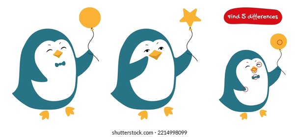 Cute penguin with inflatable balloon. Find the differences. Educational game for children. Vector illustration, cartoon.