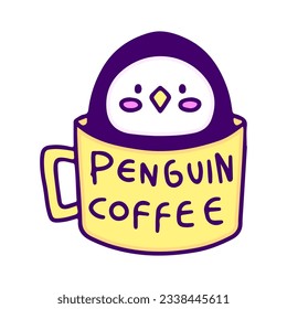 Cute penguin inside a cup of coffee, illustration for t-shirt, sticker, or apparel merchandise. With doodle, retro, and cartoon style.