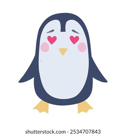 Cute penguin into big heart for children's print, baby room decoration or book. Vector character in flat hand drawn style