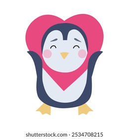 Cute penguin into big heart for children's print, baby room decoration or book. Vector character in flat hand drawn style