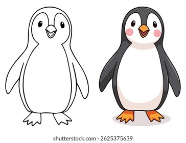 Cute Penguin Isolated Line Art Vector Outline Illustration Black and White with Coloring Sample