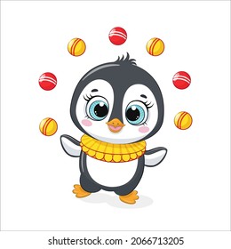 Cute penguin juggles in the circus. Vector illustration of a cartoon.