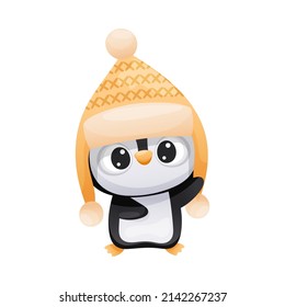 Cute penguin in kintted hat with earflaps. Adorable funny baby bird cartoon character. New year and Christmas design vector illustration