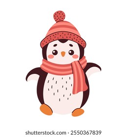 Cute penguin in knitted hat with scarf on neck flat color vector character. Funny animal as winter symbol illustration on white background