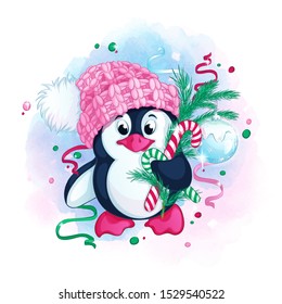 Cute penguin in a knitted pink hat with a pompom holds Christmas tree branches decorated with a glass shiny Christmas ball. Vector children's winter character. Watercolor textural background.