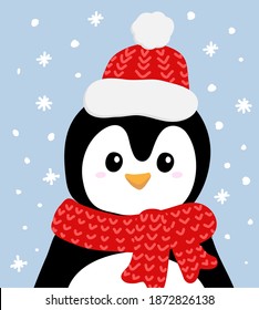 Cute penguin in knitted red scarf and cap in cartoon style. Isolated on blue background. Vector illustration