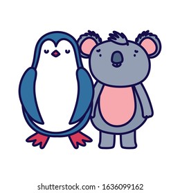 cute penguin and koala cartoon on white background vector illustration