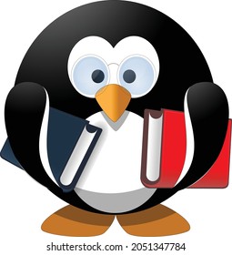 Cute penguin librarian, reading and arrange books