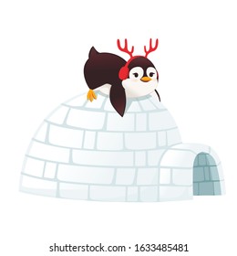 Cute penguin lies on Igloo arctic ice building cartoon animal design flat vector illustration on white background