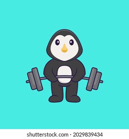 Cute penguin lifts the barbell. Animal cartoon concept isolated. Can used for t-shirt, greeting card, invitation card or mascot. 