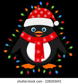 Cute penguin with light bulbs on black background