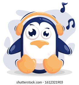 Cute penguin listening music cartoon design vector