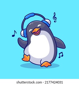 Cute Penguin Listening Music With Headphone Cartoon Vector Icon Illustration. Animal Music Icon Concept Isolated Premium Vector. Flat Cartoon Style