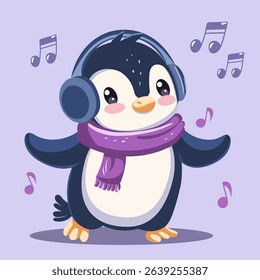 Cute penguin listening to music in headphones