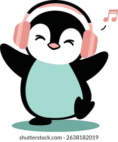Cute Penguin Listening to Music – Kawaii Style Vector with Headphones