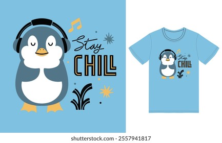 Cute Penguin Listening Music with tshirt design premium vector the Concept of Isolated Technology. Flat Cartoon Style Suitable for Landing Web Pages,T shirt, Flyers, Stickers