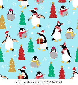 Cute penguin and little baby in winter costume seamless pattern. Wildlife animal in Christmas holidays outfit background