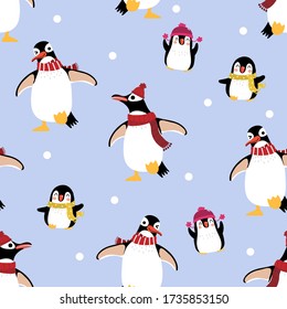 Cute penguin and little baby in winter costume seamless pattern. Wildlife animal in Christmas holidays outfit background