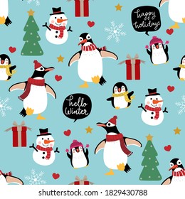 Cute penguin and little baby in winter costume seamless pattern. Wildlife animal in Christmas holidays outfit background