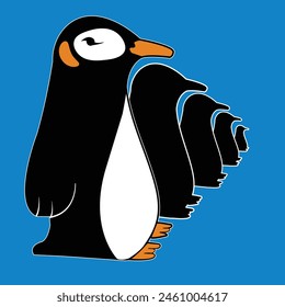 Nettes Pinguin-Logo; farbiger Pinguin in einer Linie mit Silhouetten von Pinguinen kann für Abzeichen verwendet werden; T-Shirts; 