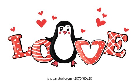 Cute penguin with love text. Valentines day greeting card template. Vector illustration in doodle style.