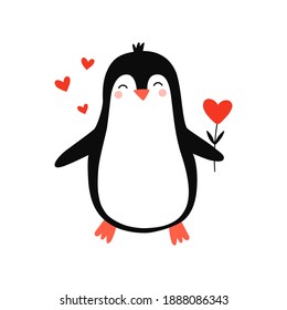 Pingüino lindo. Pingüino enamorado. Ilustración de vectores dibujada a mano para impresiones románticas, tarjetas de San Valentín. Bueno para carteles, camisetas, postales.