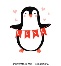 Cute penguin. Penguin in love. Vector hand drawn illustration for romantic prints, valentine day cards. Good for posters, t shirts, postcards.