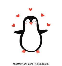 Cute penguin. Penguin in love. Vector hand drawn illustration for romantic prints, valentine day cards. Good for posters, t shirts, postcards.