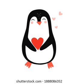 Cute penguin. Penguin in love. Vector hand drawn illustration for romantic prints, valentine day cards. Good for posters, t shirts, postcards.