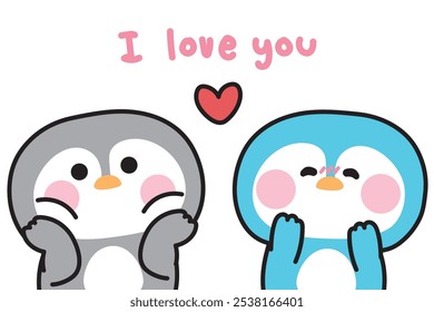 Casal amante pinguim bonito olhar um ao outro com coração amor sentimento.Eu te amo text.Valentines dia.Norte polo pássaro animal personagem desenho animado.Kawaii.Vetor.Ilustração.