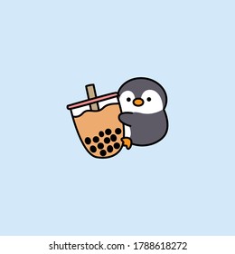 Cute Penguin Loves Bubble Tea Cartoon, Vector Illustration