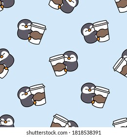 Cute penguin loves coffee cartoon seamless pattern, vector illustration