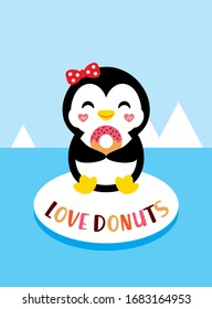 cute penguin loves donuts graphic vector design