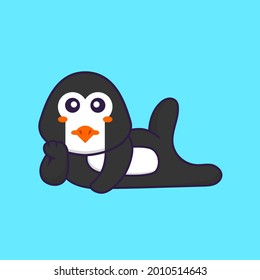 Cute penguin lying down. Animal cartoon concept isolated. Can used for t-shirt, greeting card, invitation card or mascot.