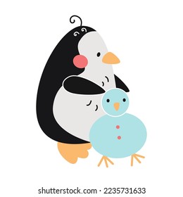 El pingüino lindo hace a un muñeco de nieve de la nieve, caricatura de ilustración vectorial. Un pájaro cómico gracioso aislado en un fondo blanco. Concepto de actividades de invierno
