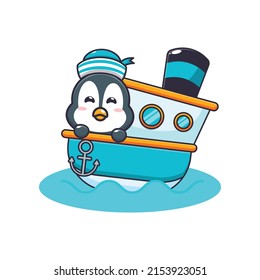 cute penguin mascot cartoon character on the ship