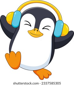 Cute penguin mascot cartoon with headphones on head