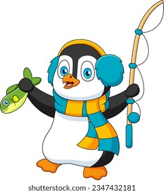 Cute penguin mascot cartoon with scarf is fishing