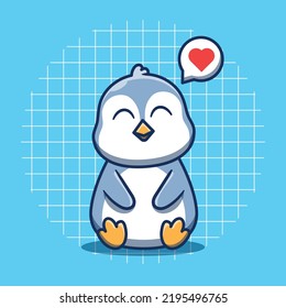 Cute penguin mascot sitting vector illustration. Flat cartoon style.