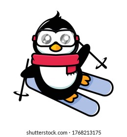 Cute penguin mascot ski theme design illustration
