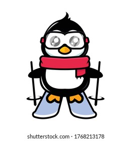 Cute penguin mascot ski theme design illustration