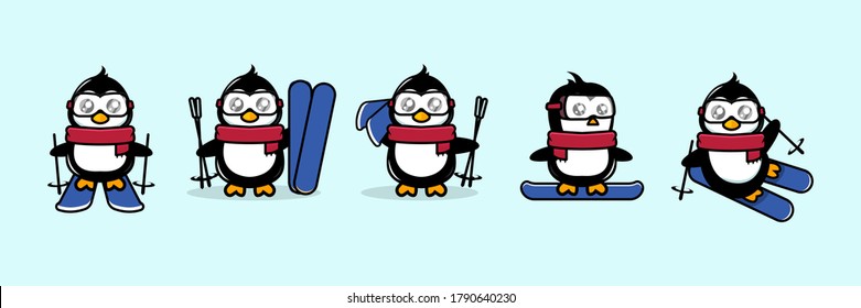 Cute penguin mascot ski theme design illustration