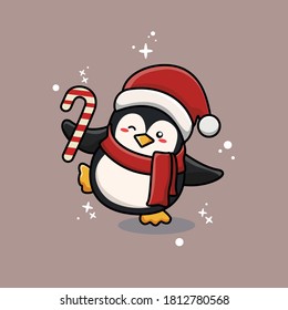 cute penguin mascot vector holding candy cances. Penguin vector with flat cartoon style. Its suitable for your project design, logo, bsnner, podtcard and sticker.