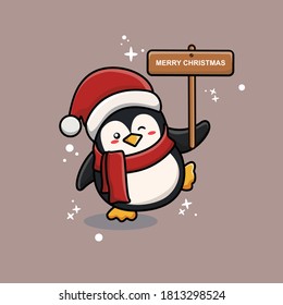 cute penguin mascot vector holding christmas banner. christmas vector. penguin mascot vector its suitable for your project design, sticker, poster, postcard, banner, leanding page and etc
